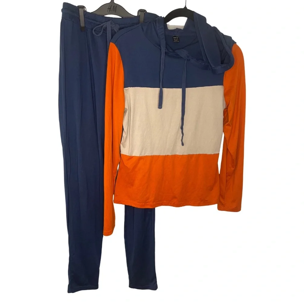 SHEIN Navy Blue Orange and Cream Colorblock Hoodie Jogger Set